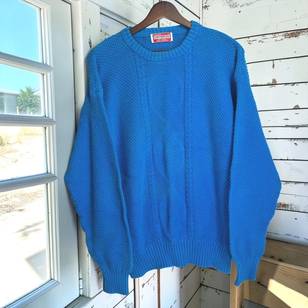 Vintage Crewneck Sweater M Bright Blue 100% Cotton Cable Knit Heavyweight 80s